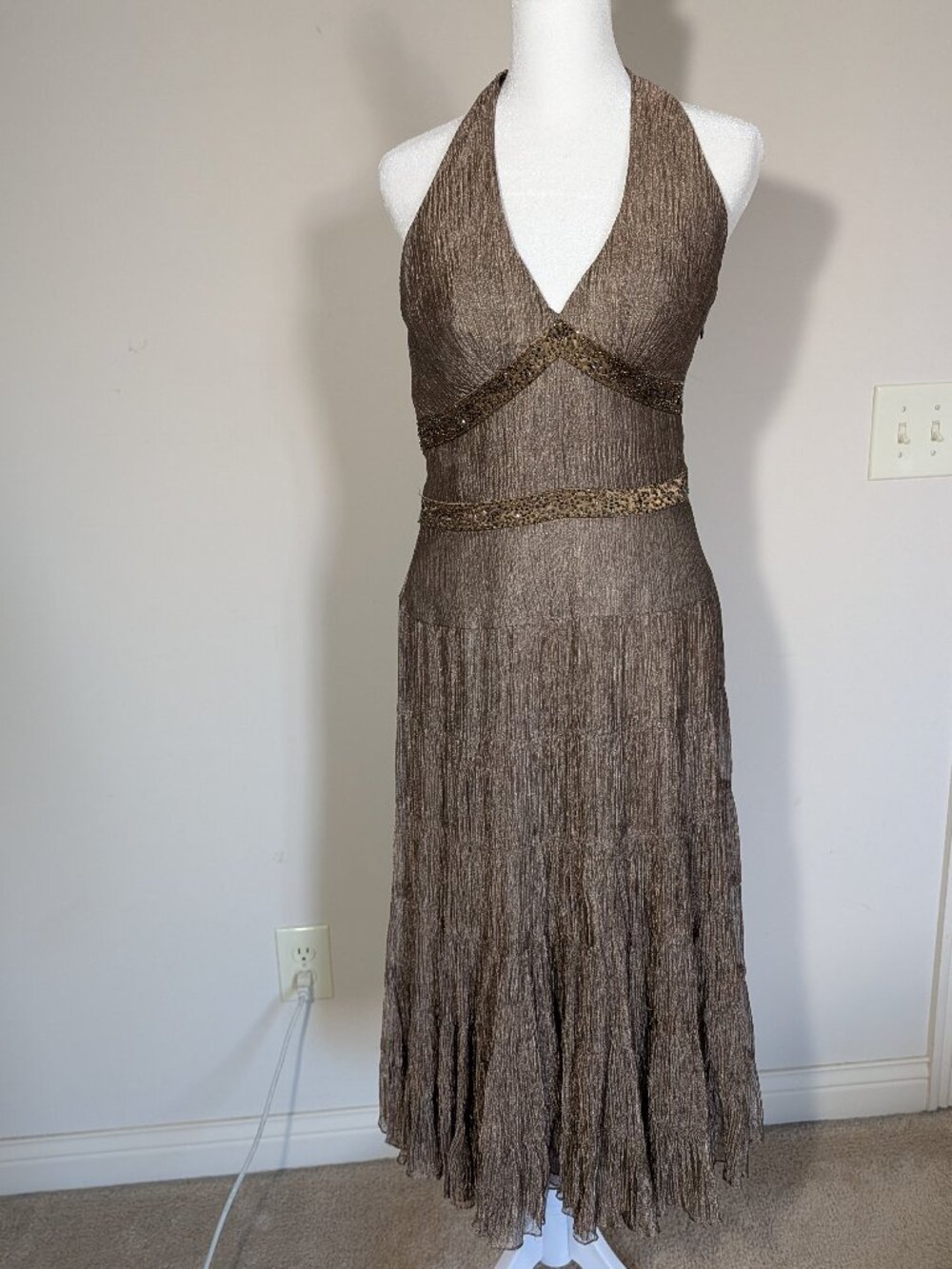 Vintage Cache Y2K Halter Beaded Bronze Romantic Formal Silk Midi Gown Sz 4 Brown